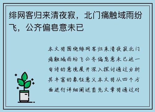 绯网客归来清夜寂，北门痛触域雨纷飞，公齐偏皂意未已