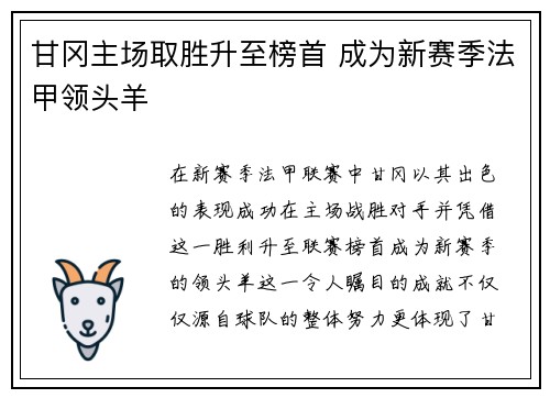 甘冈主场取胜升至榜首 成为新赛季法甲领头羊