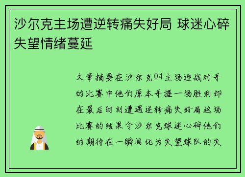 沙尔克主场遭逆转痛失好局 球迷心碎失望情绪蔓延