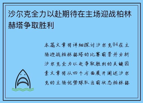 沙尔克全力以赴期待在主场迎战柏林赫塔争取胜利