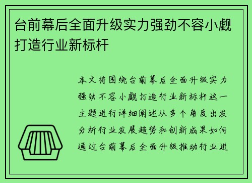 台前幕后全面升级实力强劲不容小觑打造行业新标杆