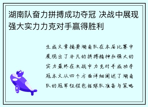 湖南队奋力拼搏成功夺冠 决战中展现强大实力力克对手赢得胜利