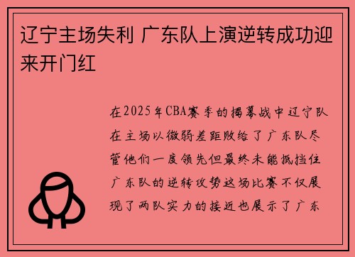 辽宁主场失利 广东队上演逆转成功迎来开门红