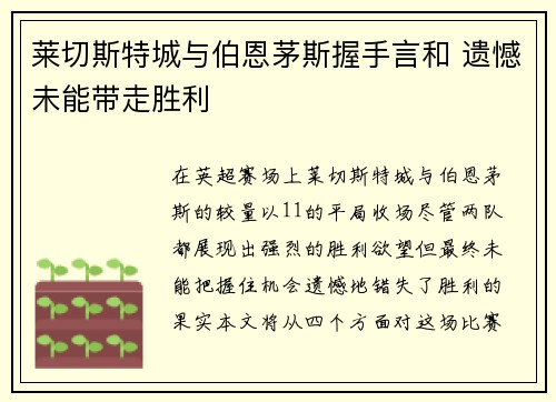 莱切斯特城与伯恩茅斯握手言和 遗憾未能带走胜利